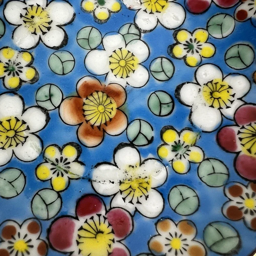 Vintage Viking Import Japan Floral Trinket Dish Blue Enamel Gold Rim Flowers 60s
